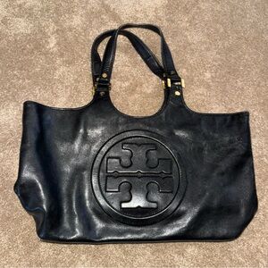 Tory Burch Black Leather Tote with Logo